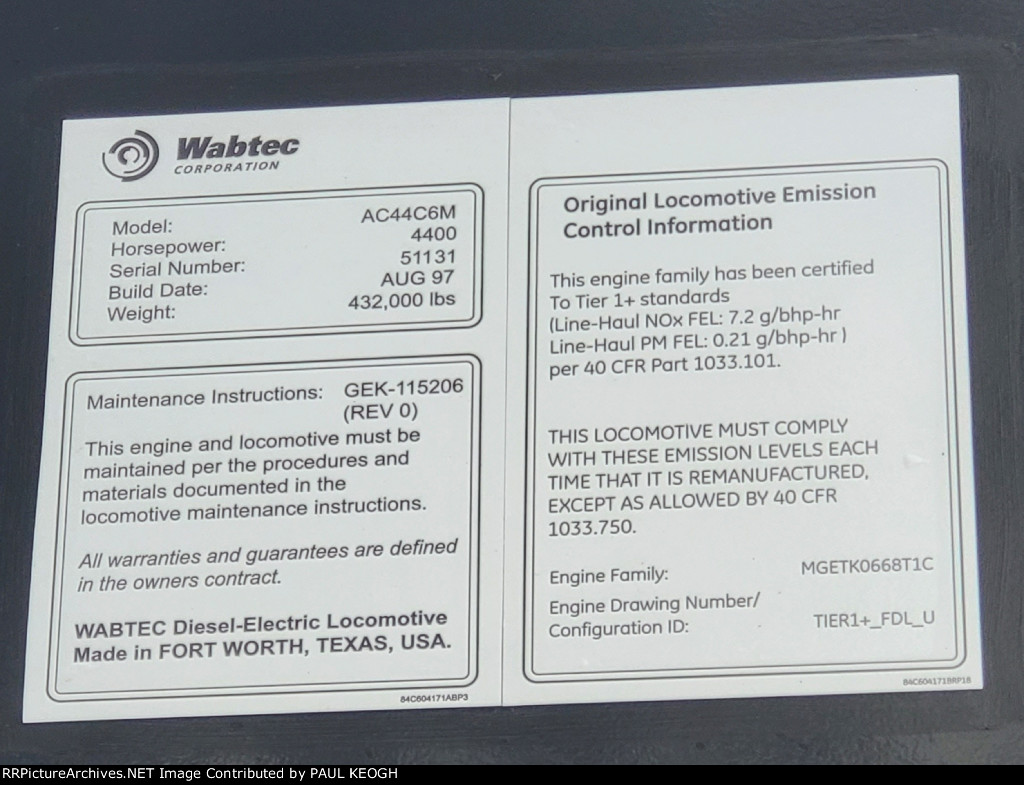 NS 4465 Wabtec Data Plate 